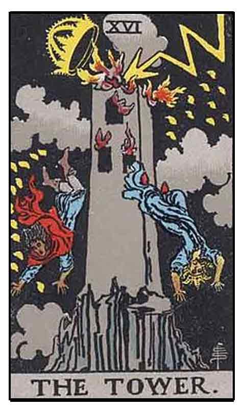 Lightning strikes the tower, causing chaos among the falling figures, symbolizing sudden upheaval and revelation in tarot readings. A stormy sky with clouds emphasizes transformation, disruption, and powerful spiritual awakening.