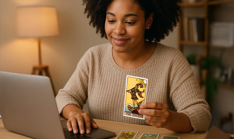 Tarot card reading, spiritual guidance, Woman holding The Fool tarot card, tarot skills development, mystical divination, self-discovery through tarot, intuitive tarot reading, tarot deck learning, holistic spiritual practice, online tarot session.