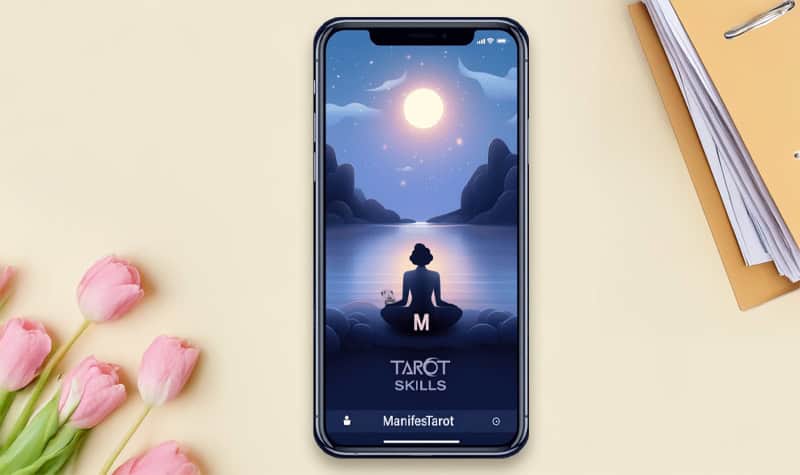A woman practicing meditation by a serene lake at night under the moon, with a smartphone displaying the Tarot Skills app, emphasizing spiritual growth and tarot reading insights.
