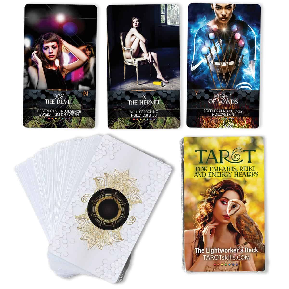 1 Mystical tarot cards for spiritual guidance and energy healing, featuring powerful imagery of the devil, hermit, and eight of wands, perfect for enhancing intuition and spiritual practices.