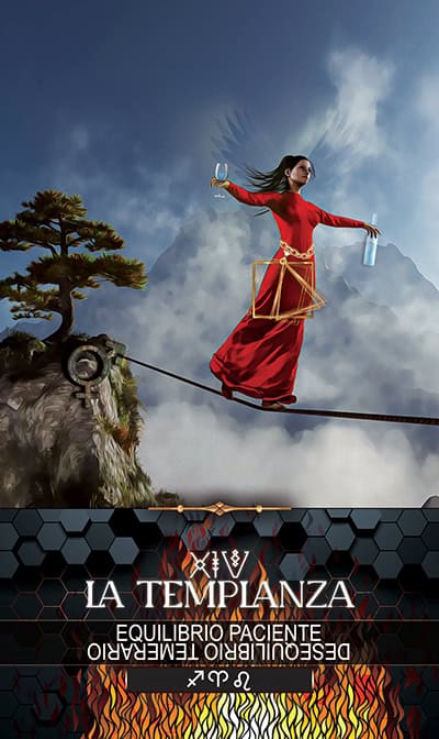 14 TEMPERANCE Balance and harmony with spiritual tarot insights, symbolized by a woman walking a tightrope, embodying the pursuit of inner peace and enlightenment through tarot symbolism.