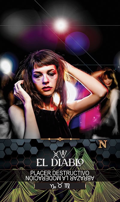 15 THE DEVIL Unknown woman in a dark, mystical setting with colorful lighting, embodying tarot and spiritual symbolism related to El Diablo, representing destructive energy or transformation.