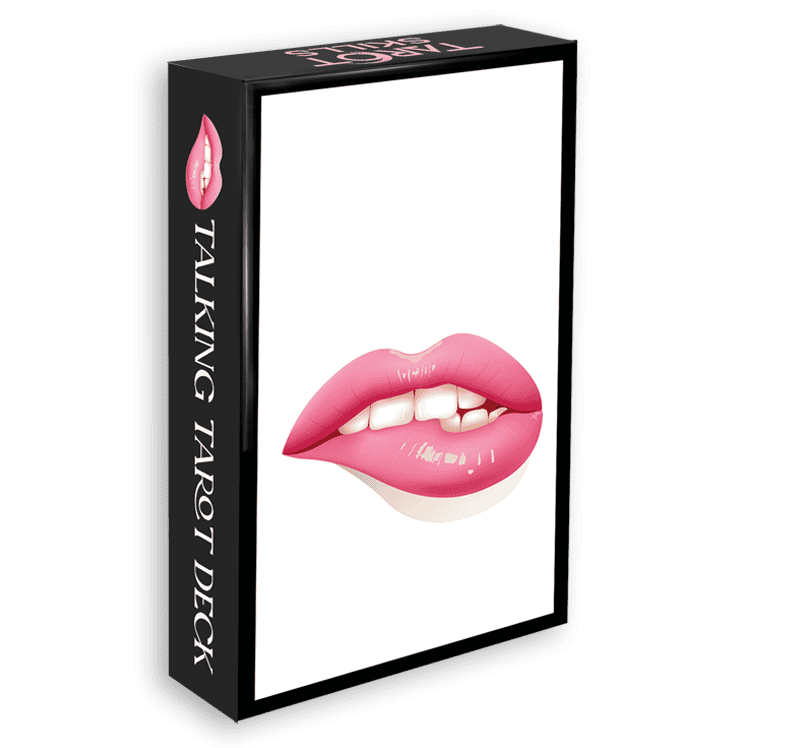 Lip-shaped illustration for tarot and spiritual guidance, modern tarot deck packaging design, mystical and alluring tarot symbolism, pink lips with teeth, tarot card art style for divination, tarot skills branding image, mystical lipstick tarot visuals.