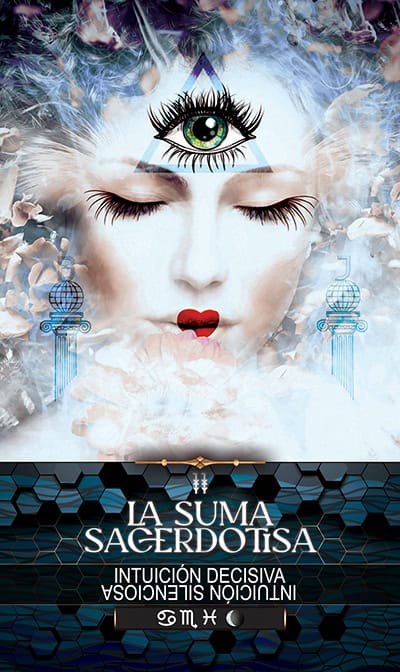 2 THE HIGH PRIESTESS Mystical tarot card art depicting a serene face with an eye and spiritual symbols, emphasizing intuition and subconscious insights for tarot readers and spiritual seekers.