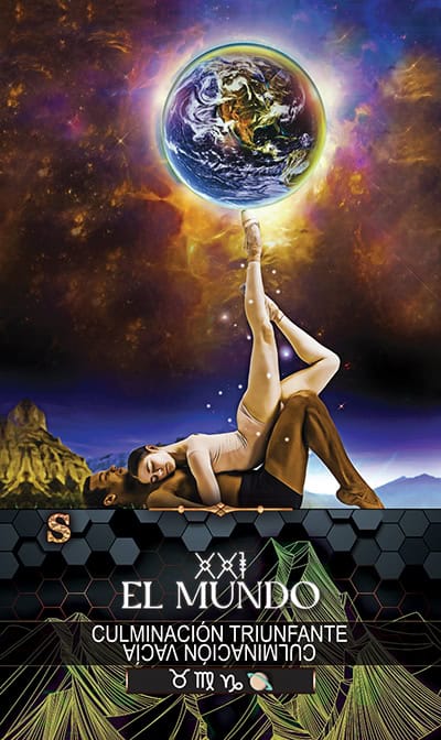 21 THE WORLD Earth and cosmic energy symbolizing spiritual connection and tarot mastery, featuring a woman in a meditative pose with the Earth above her, set against a vibrant, mystical cosmic background.