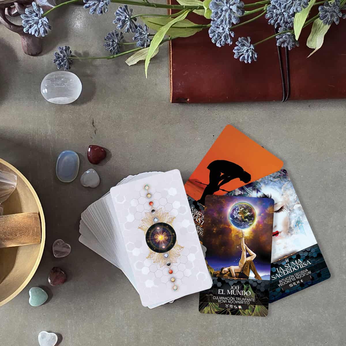 Guided tarot card reading setup for spiritual insight and intuitive guidance, featuring mystical cards, crystals, and floral elements to enhance connection to divine energy and inner wisdom.