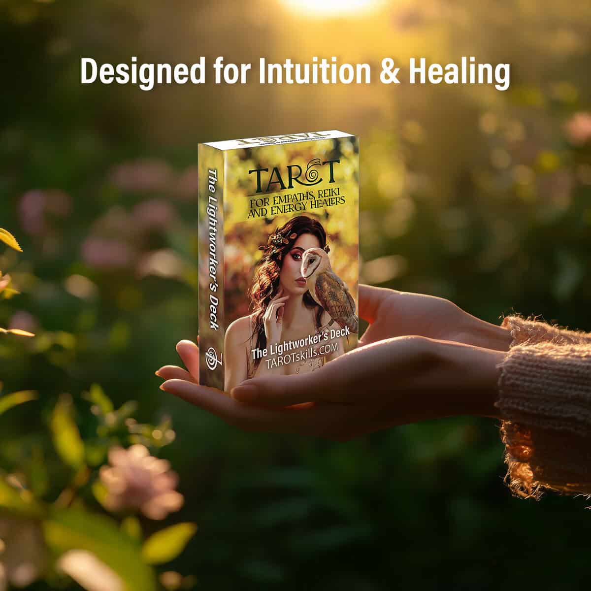 Tarot deck for intuition, healing, empathy, Reiki, energy healing, and spiritual growth, featuring a mystical woman with a bird on her shoulder, set against a glowing, natural background.