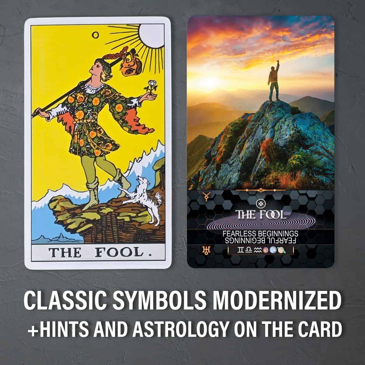 Colorful Tarot The Fool card symbolizing new beginnings, adventure, and spiritual growth with modern astrology hints and mystical themes.