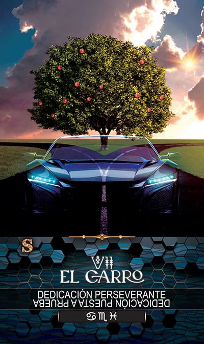 7 THE CHARIOT A lush green tree bearing red apples stands behind a sleek futuristic car on an open road during sunset, embodying themes of growth, prosperity, and spiritual abundance in tarot symbolism.