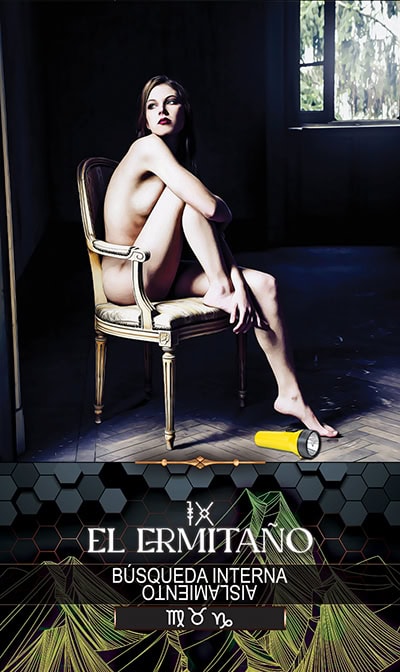 9 THE HERMIT Butterfly on wooden chair, woman sitting nude, dark interior, spiritual tarot, mystical, introspective, esoteric, tarot reading, self-discovery, mindfulness, inner strength, divine guidance, tarot symbolism, spiritual awakening, tarot deck, feminine energy, enlightenment, meditation, mystical art, tarot card symbolism, serenity.