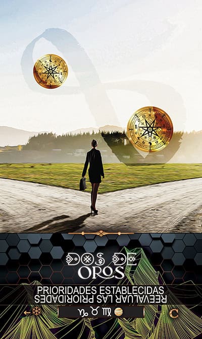COINS 2 Compass and tarot cards overlay with a person walking on a path, representing spiritual guidance and tarot insight.