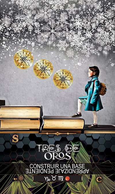 COINS 3 Golden compass and snowflake tarot card visualization for spiritual guidance and tarot reading.