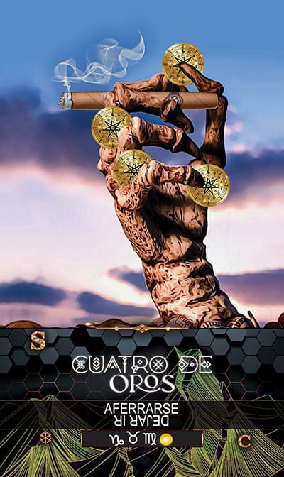 COINS 4 Gold coin with star symbol, tarot card, hand holding cosmic tokens, mystical tarot deck, spiritual guidance for divination, enhancing intuition, esoteric tarot reading, connecting with higher consciousness.