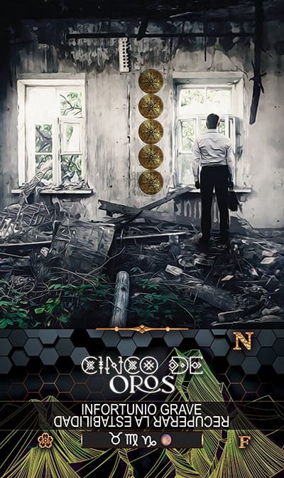 COINS 5 Mysterious man exploring a dilapidated, abandoned building with spiritual energy, symbolizing tarot insight and inner exploration, amid decay and renewal in spiritual tarot practices.
