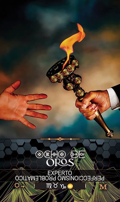 COINS 8 Fire_staff_with_flame_and_hand_reaching_for_tarot_reading_illustration, Tarot energy and mystical symbolism in spiritual Tarot practice, emphasizing intuition and divine connection during tarot divination.