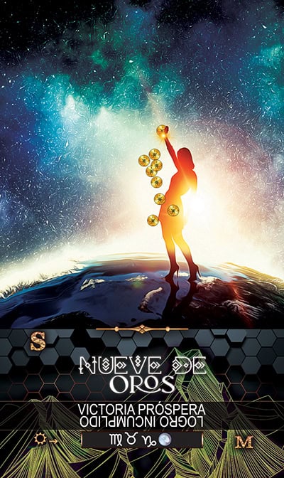 COINS 9 Mystical woman reaching for celestial coins under cosmic sky, symbolizing spiritual growth and abundance.