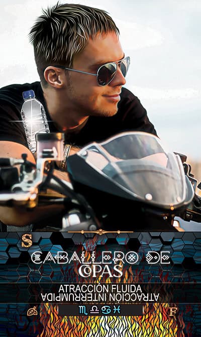 CUPS 12 KNIGHT A young man with sunglasses on a motorcycle, symbolizing freedom and introspection, surrounded by cosmic and fire imagery to evoke the spiritual journey in tarot reading.