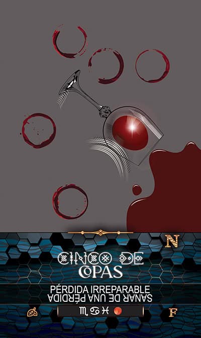 CUPS 5 Blood spattering from a tarot-themed weapon amid scattered bloodstains, with a dark, mystical background highlighting spiritual Tarot symbolism and the loss or transformation themes typical in tarot readings.