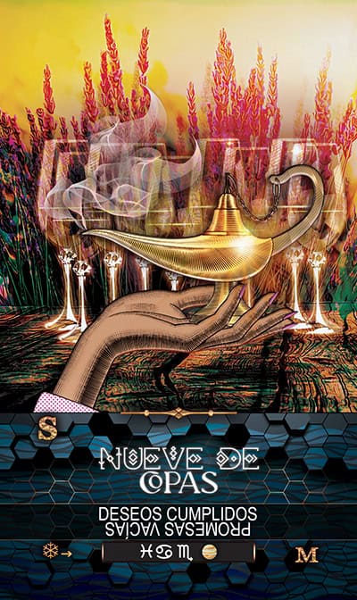 CUPS 9 Intriguing illustration of a mystical hand holding a magical lamp amid glowing candles and tarot symbols, emphasizing spiritual insight, divination, and tarot reading mastery.