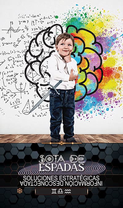 SWORDS 11 PAGE Colorful abstract brain illustration with mathematical formulas, symbolizing intuitive and analytical thinking in tarot reading and spiritual insight.