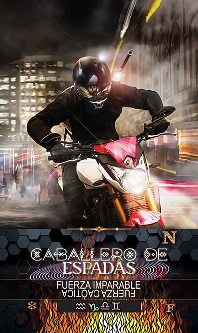 SWORDS 12 KNIGHT High-tech motorcycle rider with a mystical masked helmet riding through a vibrant cityscape at night, evoking themes of adventure and spiritual journey, perfect for tarot and spiritual symbolism.
