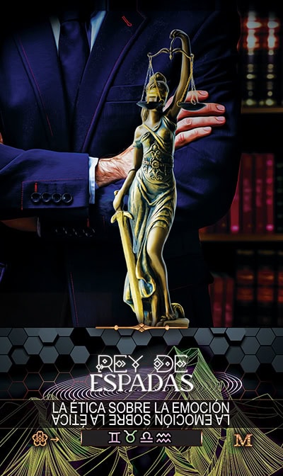 SWORDS 14 KING Gold Lady Justice Statue, scales of balance and fairness, symbolize spiritual truth and divine justice in tarot readings for emotional and spiritual insight.