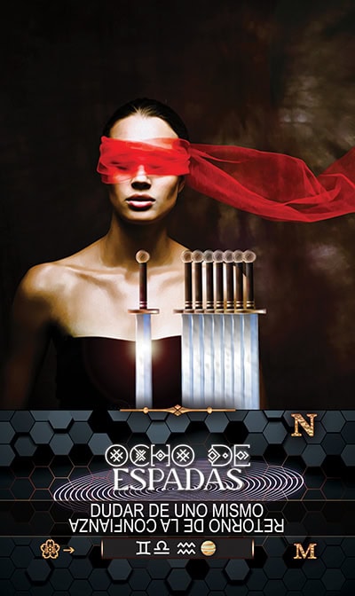 SWORDS 8 A woman with a red blindfold covering her eyes, surrounded by mystical swords and tarot symbols, symbolizes intuition and hidden knowledge, emphasizing spiritual insight and tarot card reading mastery.
