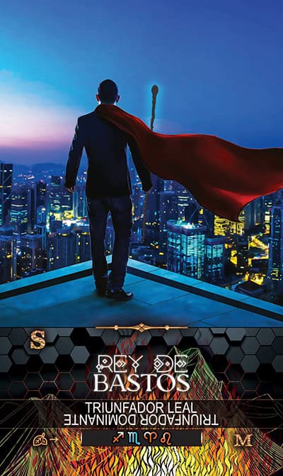 WANDS 14 KING A confident man in a superhero cape overlooking a cityscape at dusk symbolizing empowerment and spiritual strength in tarot readings.