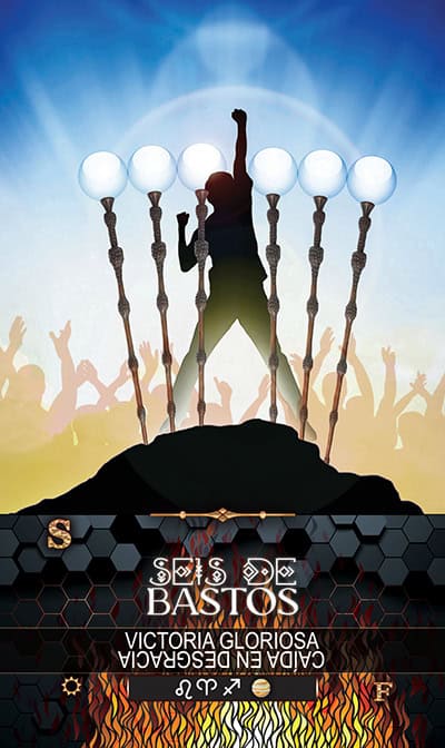 WANDS 6 Sun tarot card depicting spiritual enlightenment, divine power, and tapping into higher consciousness in tarot readings.