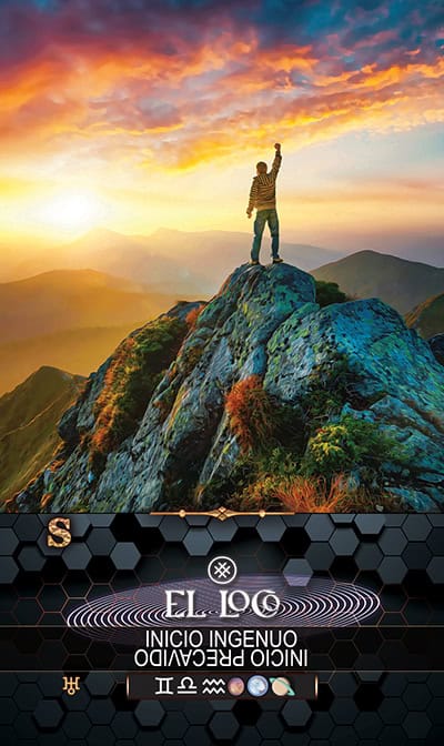 membership card Vibrant image of a person standing triumphantly on a mountain peak during sunset, symbolizing spiritual enlightenment and personal achievement, with vivid colors enhancing the celestial and mystical ambiance for tarot readings.