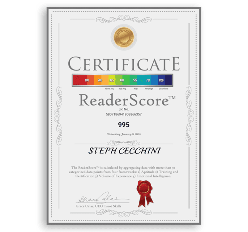 rs ReaderScore certificate showcasing spiritual insight and tarot mastery for enhanced intuitive reading skills.