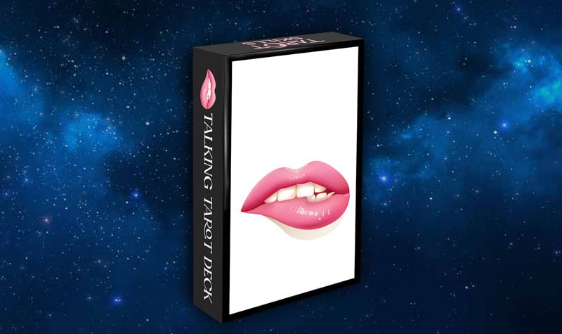 Lips illustration on tarot deck box with mystical cosmic background, symbolizing seductive energies and spiritual insight in tarot reading.